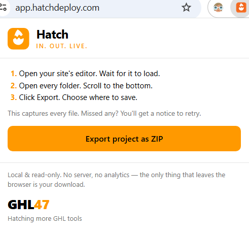 The Hatch browser extension popup: three numbered steps and an Export project as ZIP button
